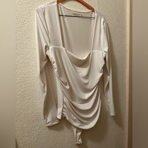 Abercrombie &Fitch Bodysuit Women White Polyester/Elastane Long Sleeve Ruched XL